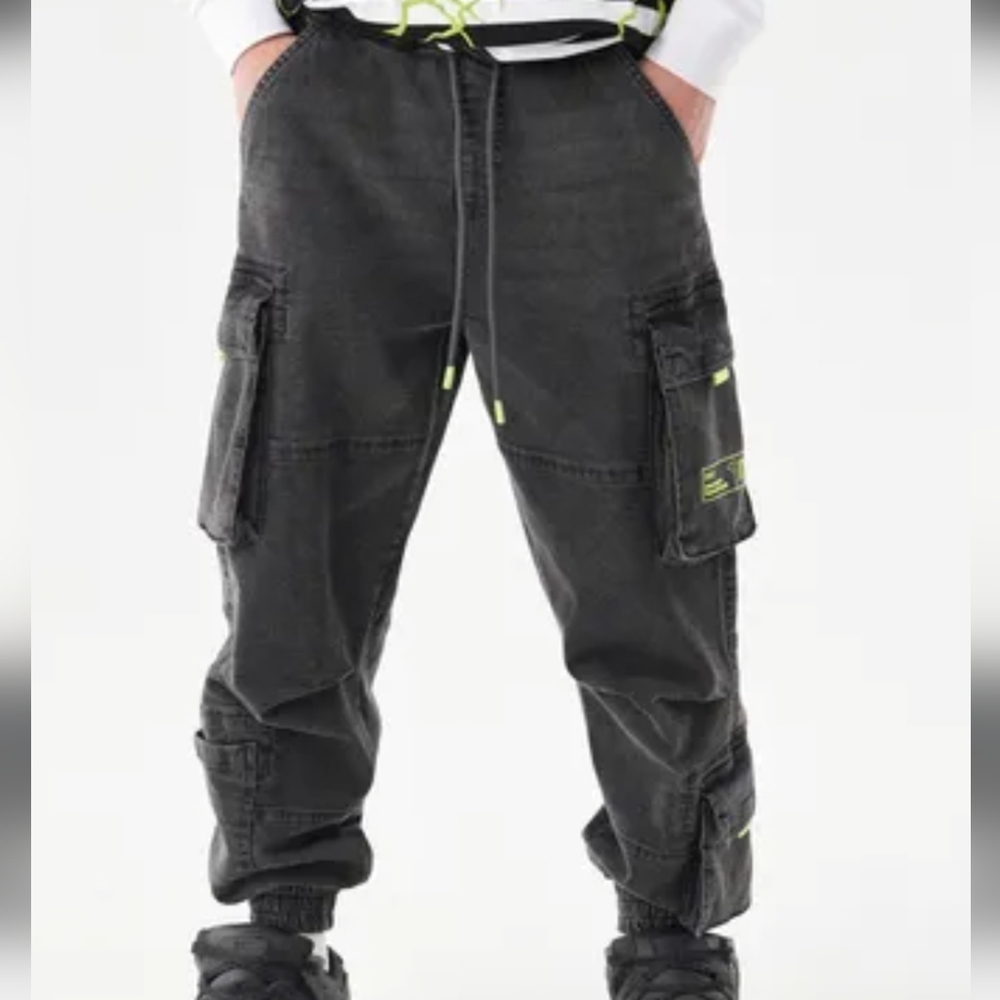 Men's Charcoal Cargo Pants with Neon Accents